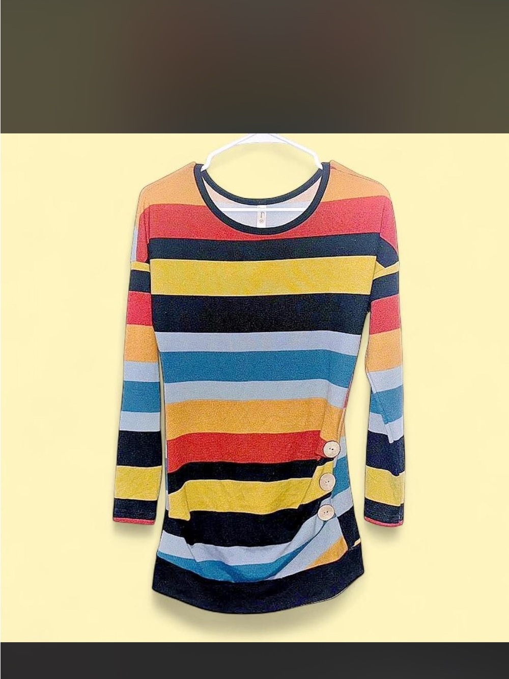 YINER Colorblock Striped Long Sleeve Tunic with Side Buttons